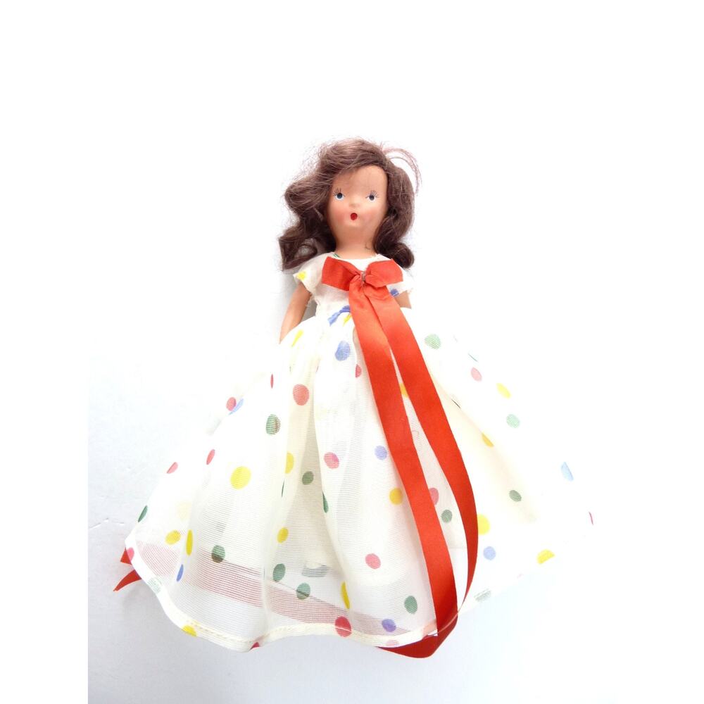 Vintage Composition Doll 1940s Folk Art Polka Dot Dress Unmarked Souvenir 7"